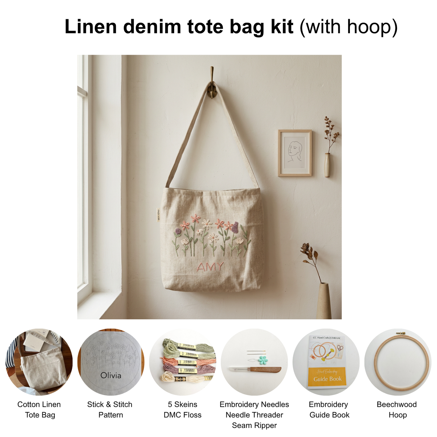 Custom Name Floral Hand Embroidery Kit for Beginners | Personalized DIY Hand Embroidery Kit | Linen denim tote bag kit | Pillow cover embroidery kit