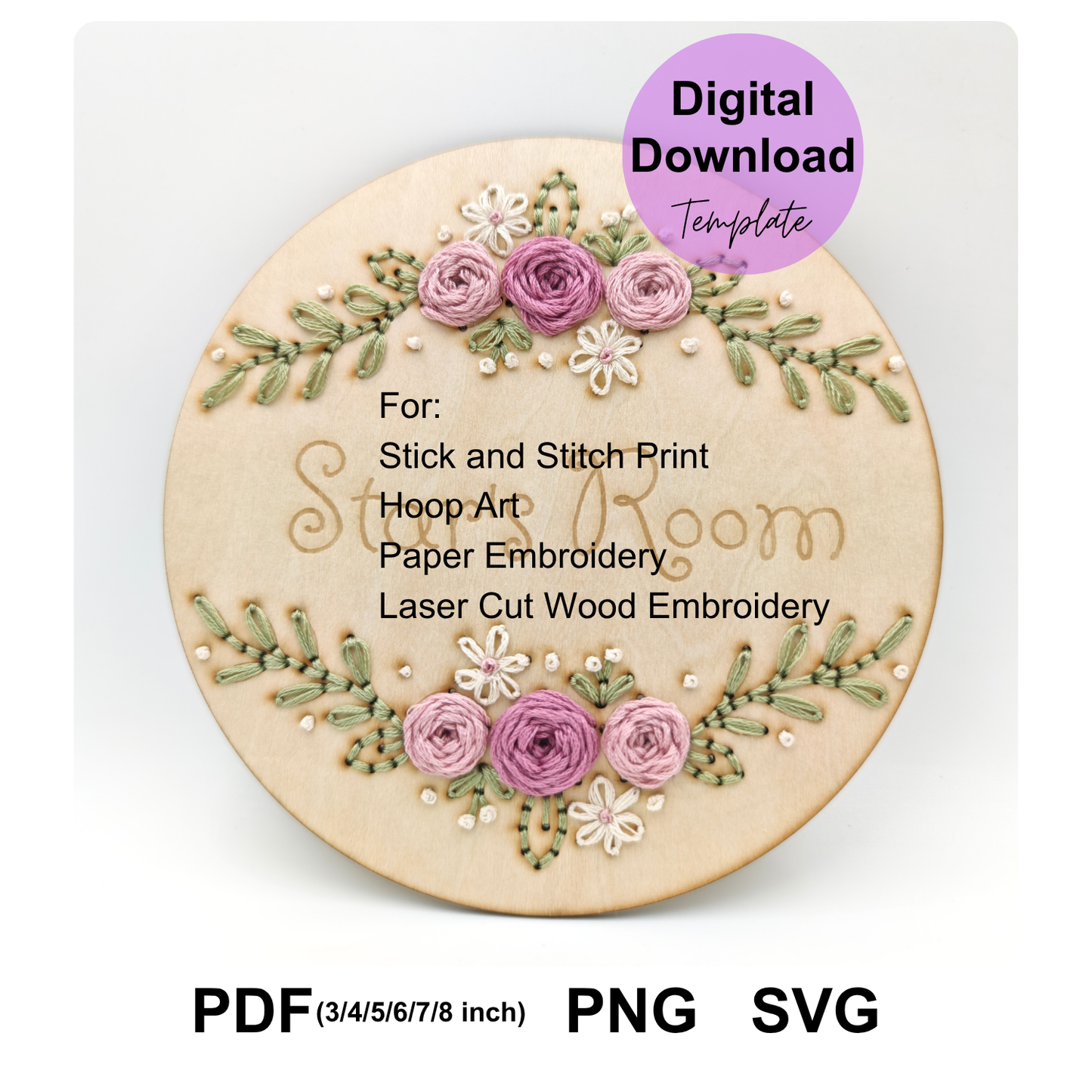 Easy Floral Embroidery Pattern PDF SVG PNG, Beginner Hand Embroidery Pattern, Stick and Stitch, Paper Embroidery, Laser Cut SVG File