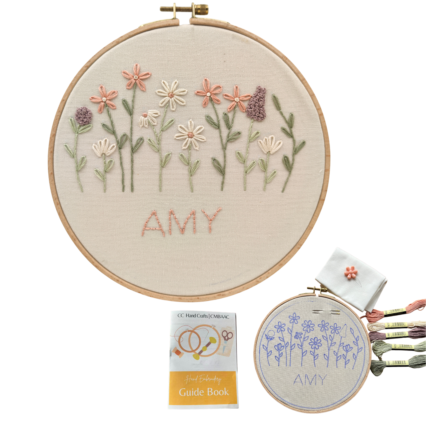 Custom Name Floral Hand Embroidery Kit for Beginners | Personalized DIY Hand Embroidery Kit | Linen denim tote bag kit | Pillow cover embroidery kit