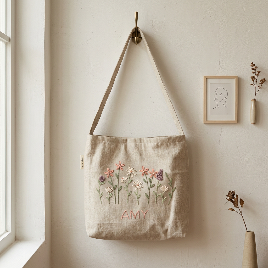 Custom Name Floral Hand Embroidery Kit for Beginners | Personalized DIY Hand Embroidery Kit | Linen denim tote bag kit | Pillow cover embroidery kit