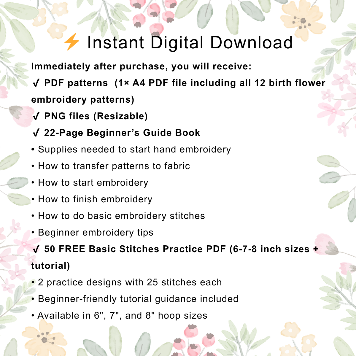12 Birth Month Flower Embroidery Patterns PDF, Floral Hand Embroidery Pattern Bundle, Printable Stick and Stitch Embroidery Design for DIY