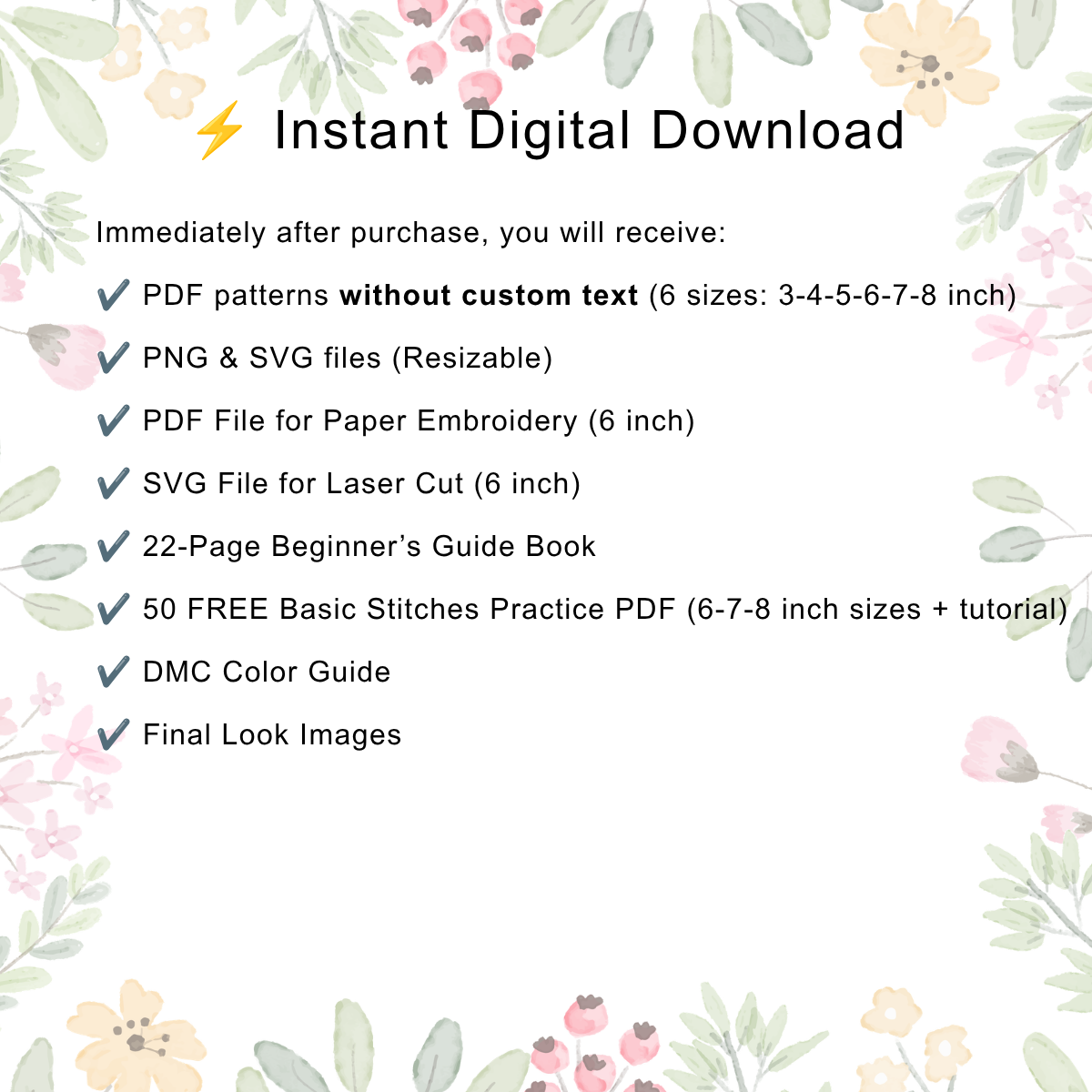 Easy Floral Embroidery Pattern PDF SVG PNG, Beginner Hand Embroidery Pattern, Stick and Stitch, Paper Embroidery, Laser Cut SVG File