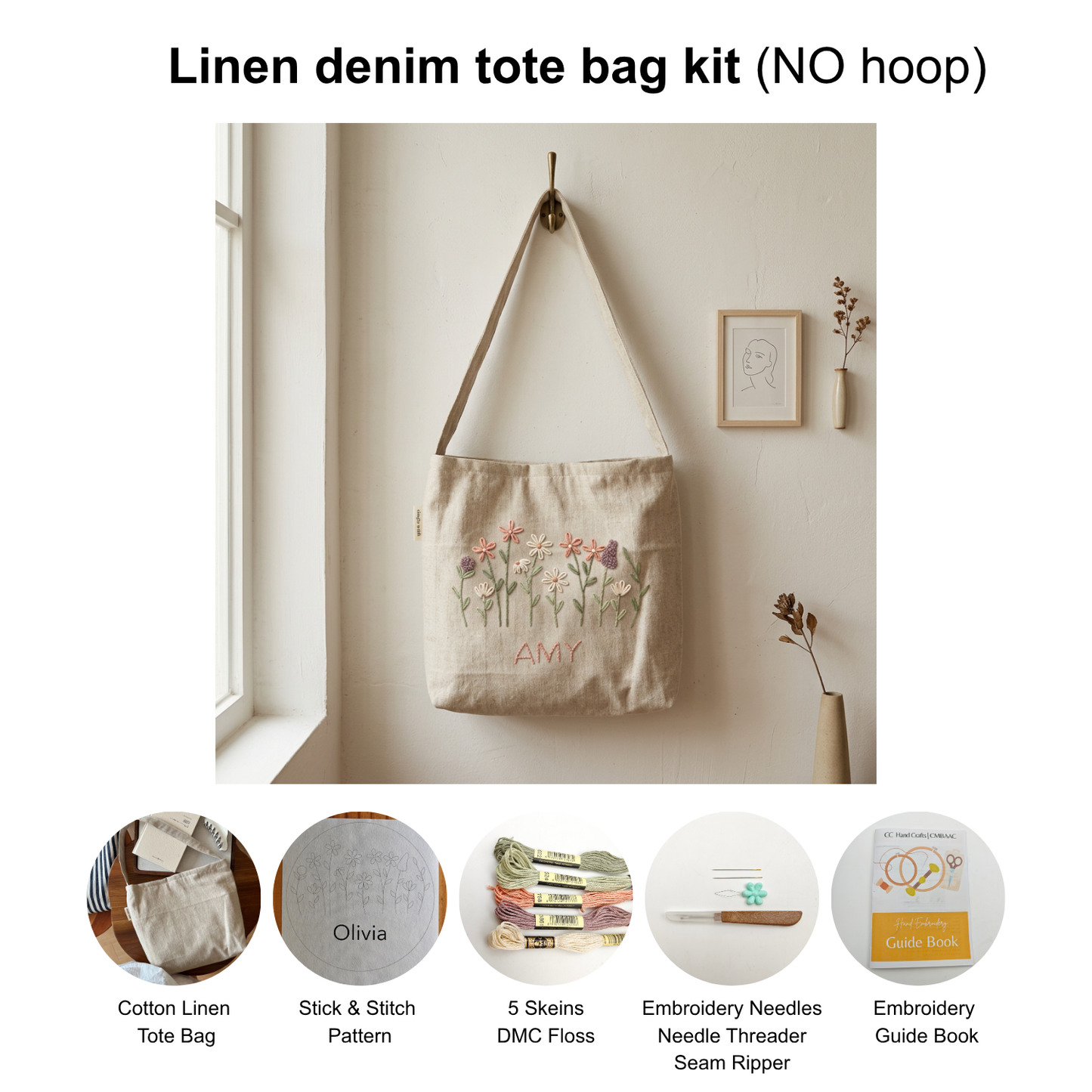 Custom Name Floral Hand Embroidery Kit for Beginners | Personalized DIY Hand Embroidery Kit | Linen denim tote bag kit | Pillow cover embroidery kit