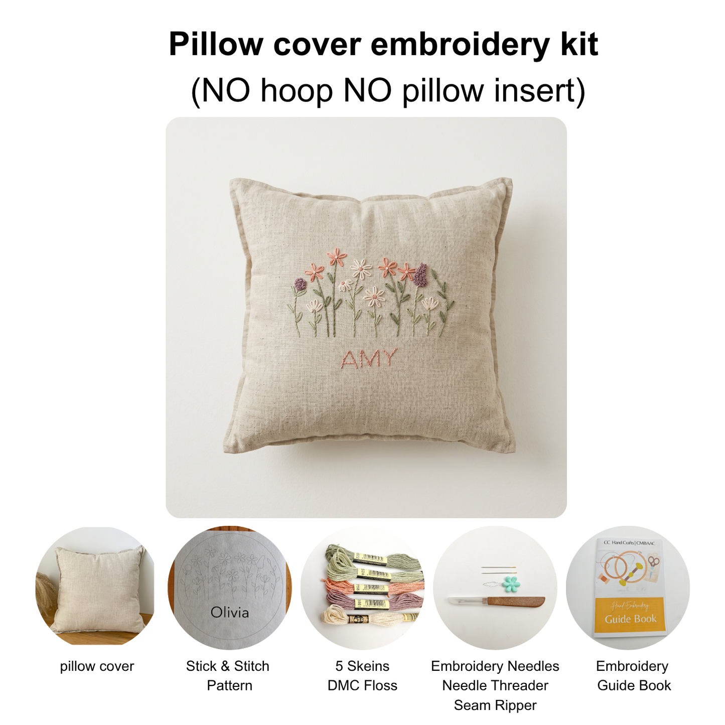 Custom Name Floral Hand Embroidery Kit for Beginners | Personalized DIY Hand Embroidery Kit | Linen denim tote bag kit | Pillow cover embroidery kit