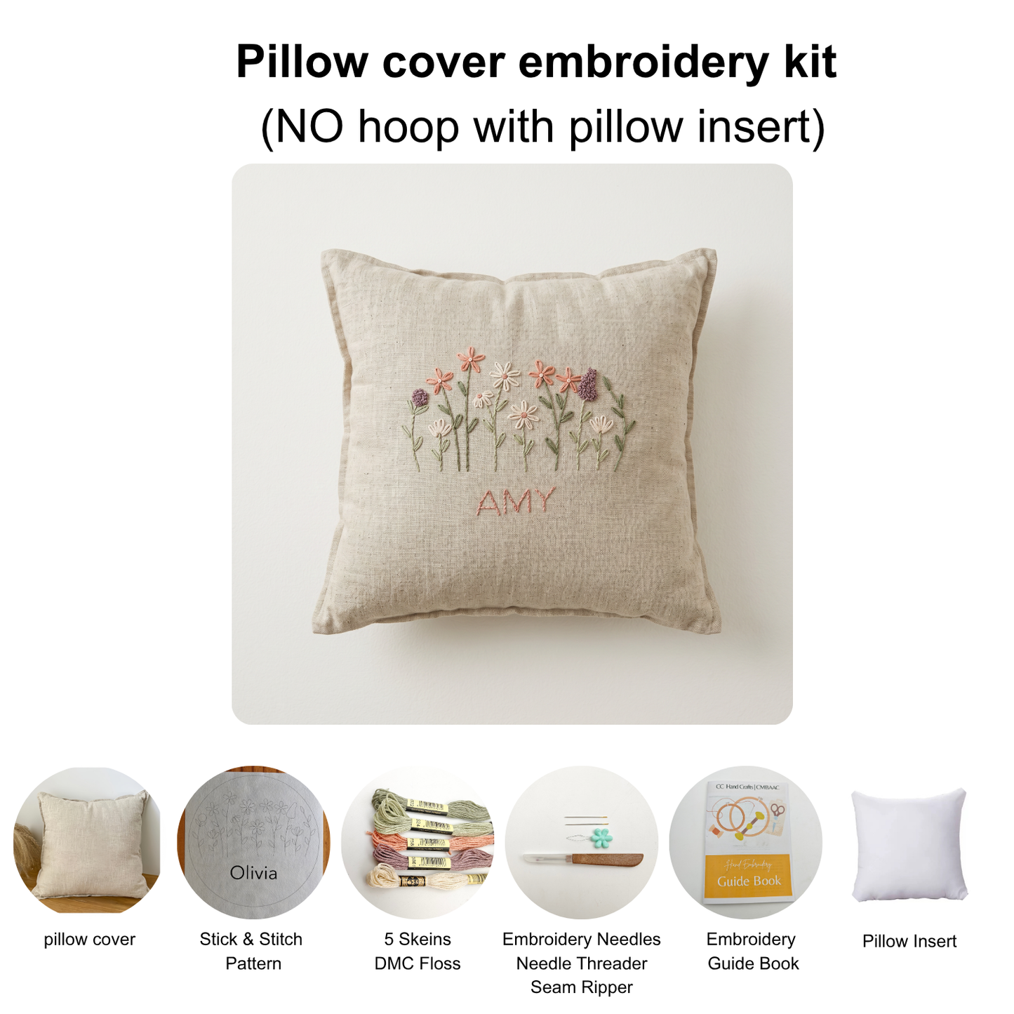 Custom Name Floral Hand Embroidery Kit for Beginners | Personalized DIY Hand Embroidery Kit | Linen denim tote bag kit | Pillow cover embroidery kit