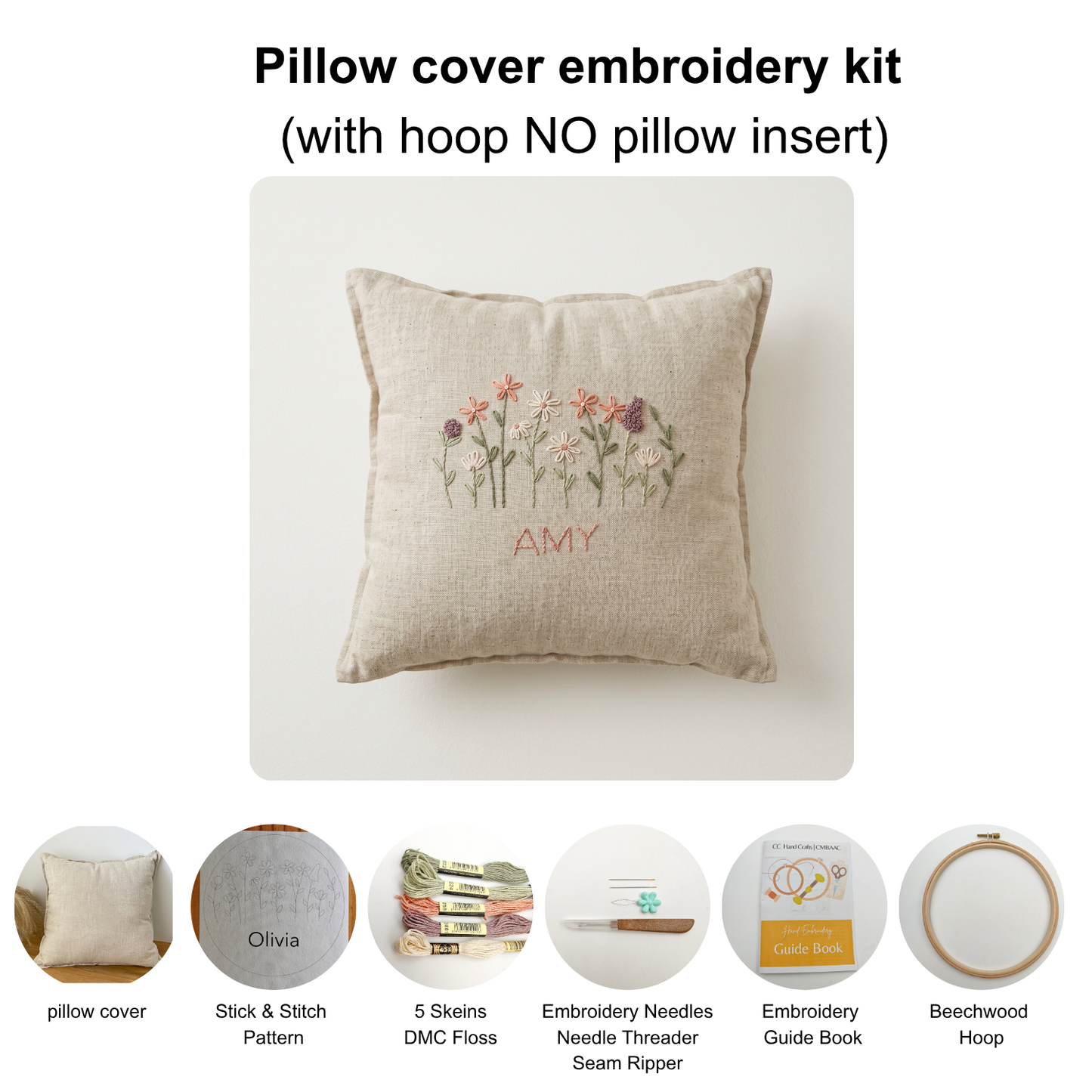 Custom Name Floral Hand Embroidery Kit for Beginners | Personalized DIY Hand Embroidery Kit | Linen denim tote bag kit | Pillow cover embroidery kit