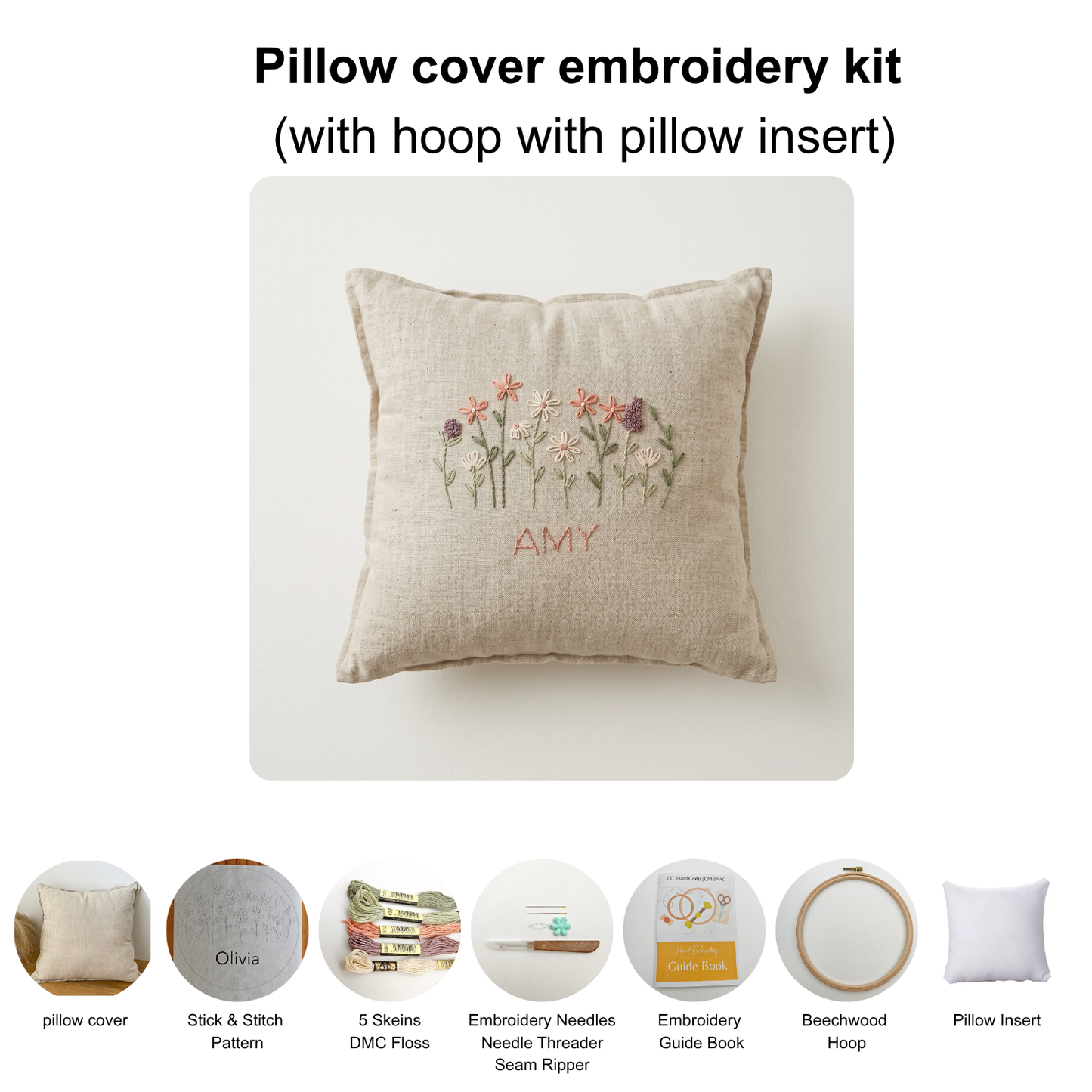 Custom Name Floral Hand Embroidery Kit for Beginners | Personalized DIY Hand Embroidery Kit | Linen denim tote bag kit | Pillow cover embroidery kit