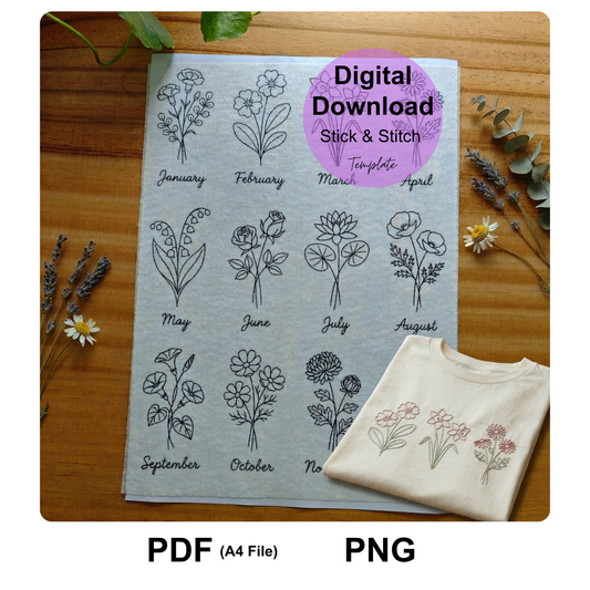 12 Birth Month Flower Embroidery Patterns PDF, Floral Hand Embroidery Pattern Bundle, Printable Stick and Stitch Embroidery Design for DIY