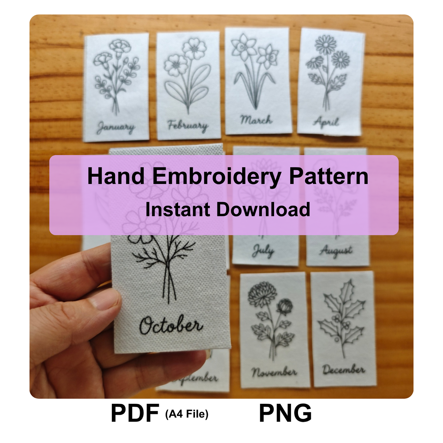 12 Birth Month Flower Embroidery Patterns PDF, Floral Hand Embroidery Pattern Bundle, Printable Stick and Stitch Embroidery Design for DIY
