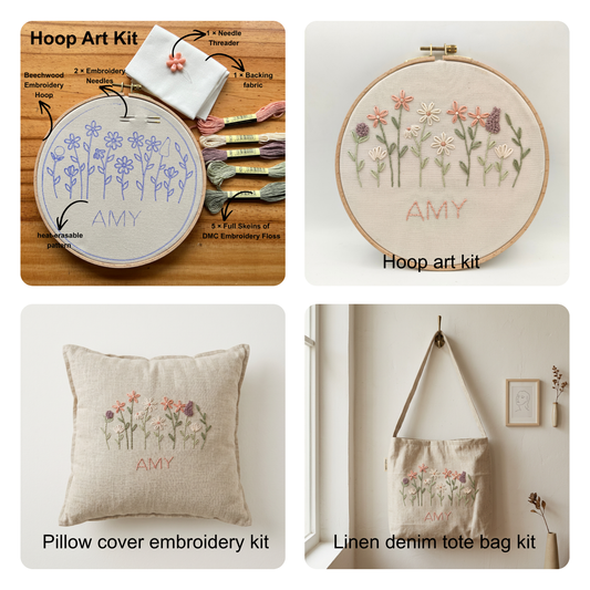 Custom Name Floral Hand Embroidery Kit for Beginners | Personalized DIY Hand Embroidery Kit | Linen denim tote bag kit | Pillow cover embroidery kit