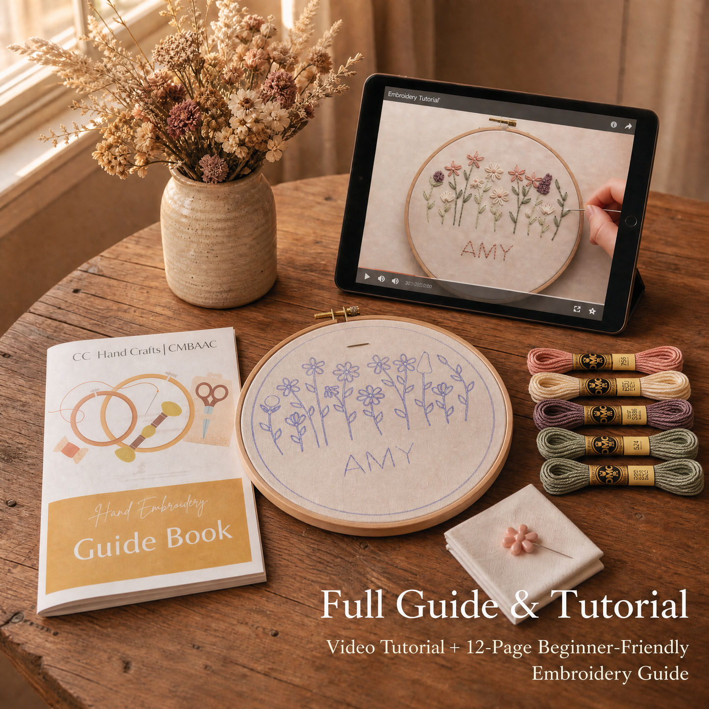 Custom Name Floral Hand Embroidery Kit for Beginners | Personalized DIY Hand Embroidery Kit | Linen denim tote bag kit | Pillow cover embroidery kit